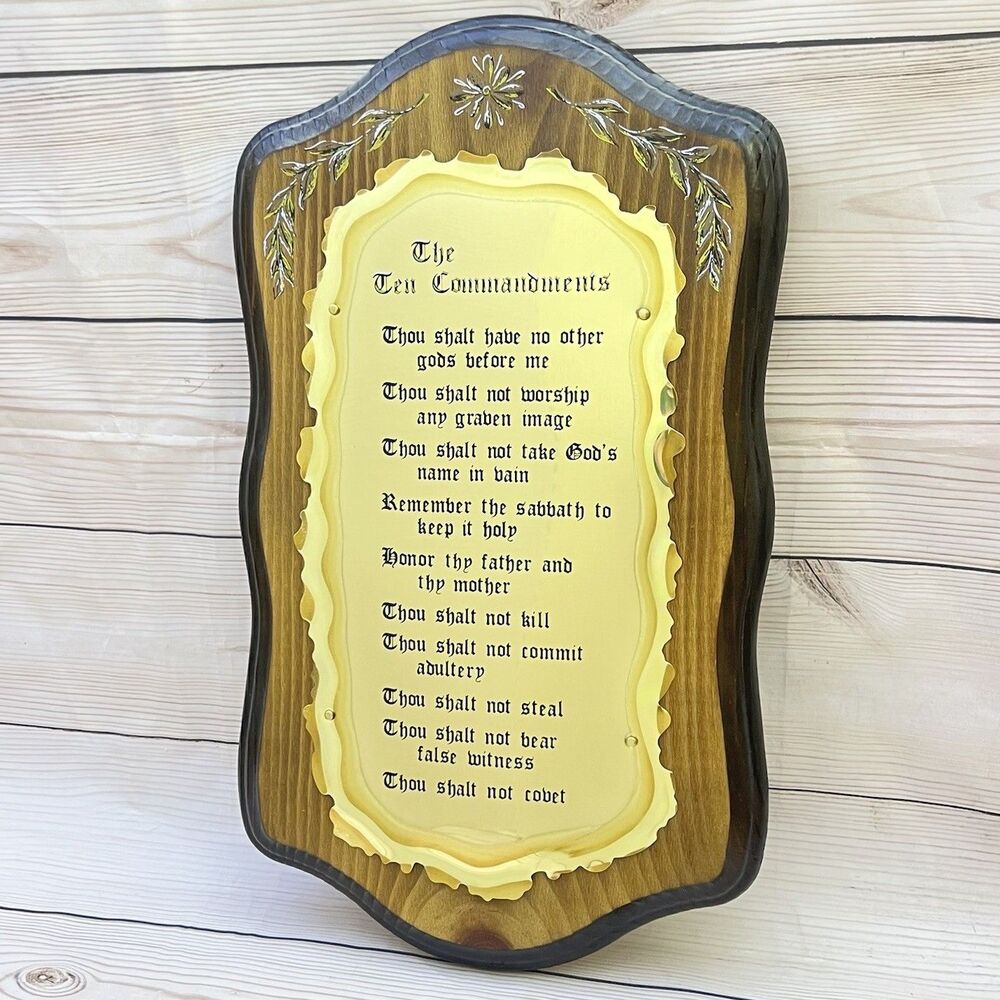 Vtg HOMCO Ten Commandments Brass Wood Wall Plaque 10”x18” Etched Home Interiors